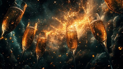 Golden Champagne Flutes Sparkle Against Dark Cosmic Background
