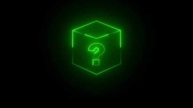 Neon glowing square frame on black background with question mark icon. Rectangular frame with moving line . neon squre frame icon and question mark animation .