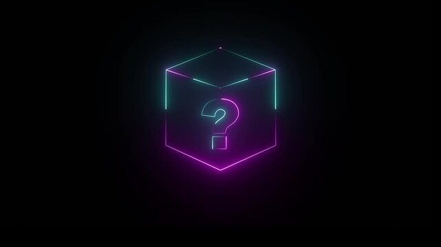 Neon glowing square frame on black background with question mark icon. Rectangular frame with moving line . neon squre frame icon and question mark animation .