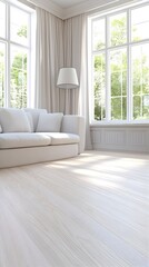 Fototapeta premium Sunlit living room with white sofa, floor lamp, and large windows showcasing a bright, airy, and minimalist aesthetic