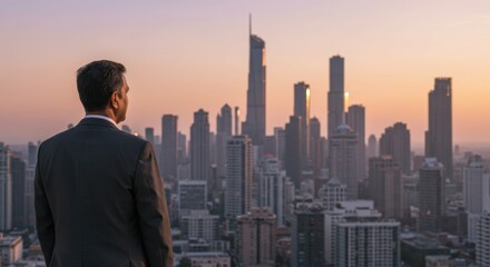 Naklejka premium Businessman Contemplating City Skyline at Sunset