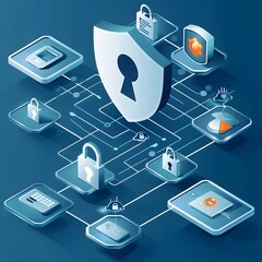 Cybersecurity Network with Lock Icons and Shielded Connections