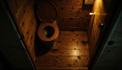 A rustic wooden toilet in a dimly-lit bathroom with wooden walls and floor.