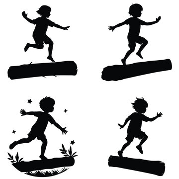 Boy Silhouette Running On Log Vector Illustration In Different Poses And Environments