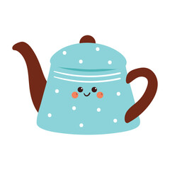 cute drawing cartoon teapot character with blue color and white dots. cute icon for sticker