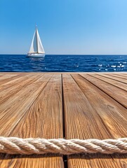 Wooden dock overlooking a sailboat on calm blue sea
