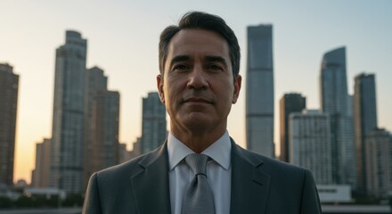 Confident Businessman against City Skyline at Sunset