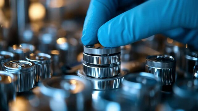 Close-up of scientist's gloved hand assembling stacked magnesium metal coin cells in a glove-box. Precision lab work in battery research for advanced energy storage and next-generation power systems.