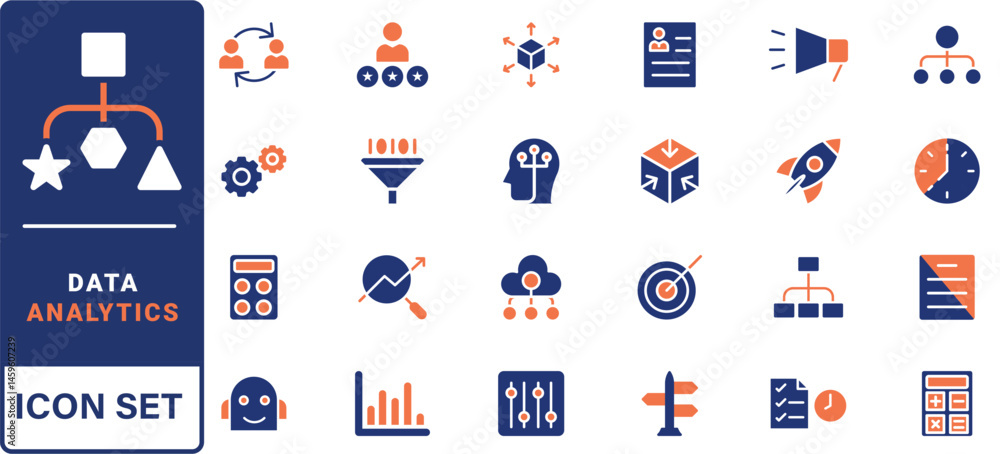 Poster data analytics icon set. containing data analysis, data mining, global data, monitoring, data proces