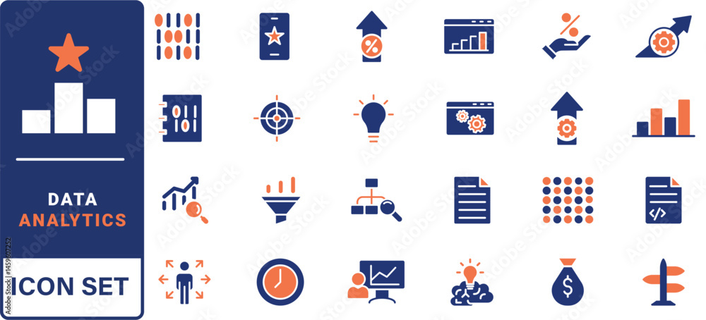Poster data analytics icon set. containing data analysis, data mining, global data, monitoring, data proces