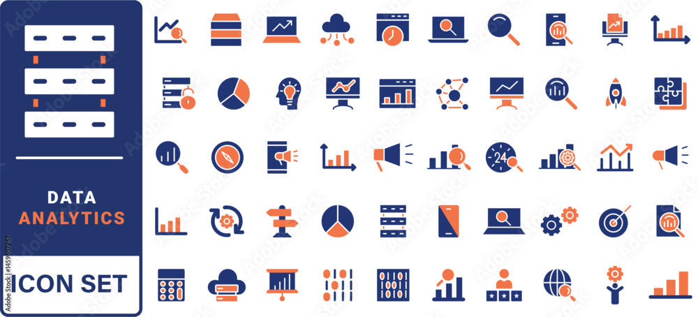 Poster data analytics icon set. containing data analysis, data mining, global data, monitoring, data proces