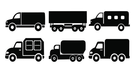 Heavy Truck Silhouette Icon Set, Vector Industrial Transport Vehicles Collection