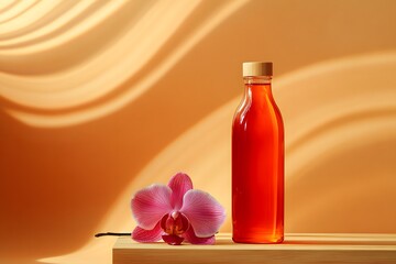 A bottle of red liquid on a wooden stand, with an orchid flower next to it and a swirling light orange background