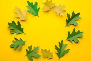 Small oak leaves on a yellow background, in a simple cut-paper style, in the shape of a circular frame, in a flat lay composition