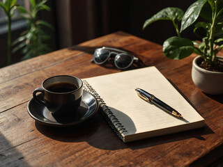 Black coffee in a cup with notebook, pen, sunglasses, and plant on wooden desk. Clean and stylish scene with morning sunlight.