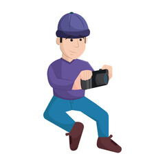 Man holding camera seated. Vector