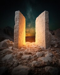 Mystical stone doors in a desert landscape.