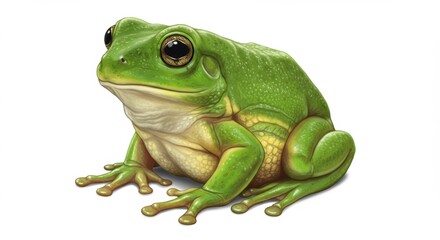 Obraz premium Illustration of a Green Tree Frog Sitting with Detailed Skin Texture and Shiny Eyes, Realistic Wildlife Art for Conservation and Nature Education Projects