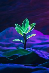 A green neon light sculpture of an alien plant on top of the dark sand, with a blue and purple background, in a minimalistic
