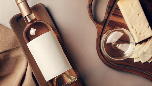 Minimalist Wine & Cheese Day Flat Lay &ndash; Blank Label Bottle & Artisanal Cheese Board for Elevated Food & Beverage Branding