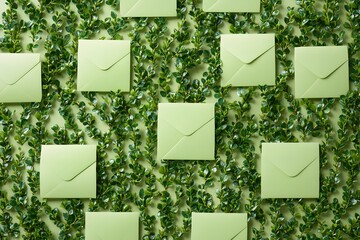 A pattern of green envelopes filled with small boxwood sprigs, arranged in an orderly fashion on a light lime background. The envelopes should have clean lines and be arranged