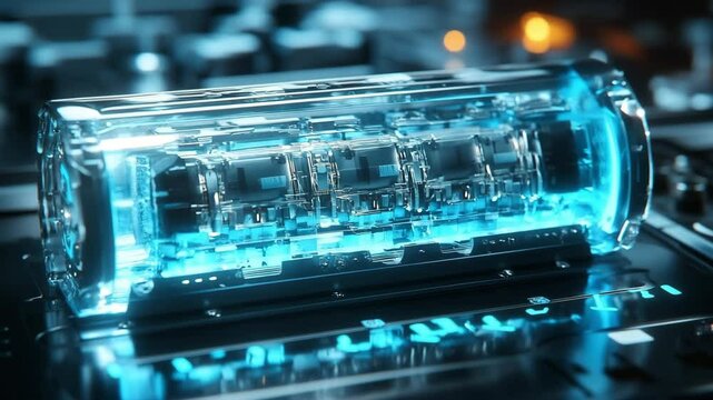 Close-up of a transparent magnesium battery cell showcasing a dendrite-free anode and glowing blue electrolyte. The futuristic design highlights next-generation energy storage innovation in a lab