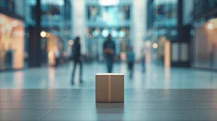 Fototapeta premium A lone parcel box positioned in a modern shopping mall, with blurred figures in the background