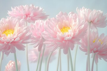 Pink chrysanthemums, with the petals being delicate and soft in color. The flowers have yellow stamens at their core, giving them an overall romantic appearance