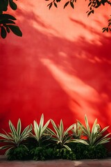 A red wall, green plants at the bottom of it, a flat painted background, bright colors, minimalism