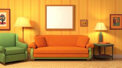 Retro Living Room Interior Design: Orange Sofa, Green Armchair, and Warm Lighting