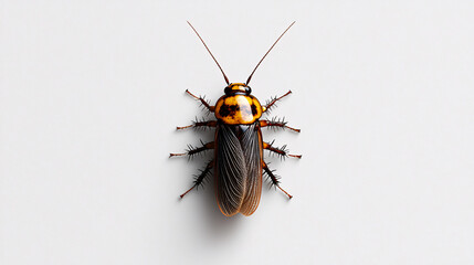 Isolated cockroach with visible segmented body and long antennae stands on clean white surface.
