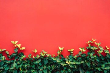 A red wall, green plants at the bottom of it, a flat painted background, bright colors, minimalism