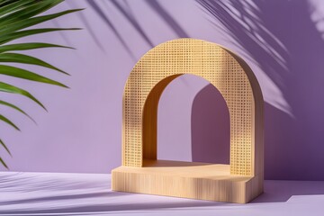 A simple and minimalist wooden stand with an arch-shaped design on the front, placed against a purple background. The display is set in sunlight to highlight its natural wood texture