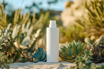 A white bottle of skin care product stands on the desert, surrounded by cacti and succulents, with soft lighting, a minimalist style, a close-up, product photography