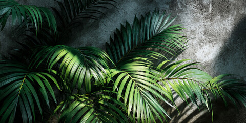 Lush green palm fronds against a textured gray wall, sunlight casting shadows.  Represents tropical nature, serenity, and natural beauty