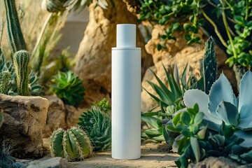 A white bottle of skin care product stands on the desert, surrounded by cacti and succulents, with soft lighting, a minimalist style, a close-up, product photography