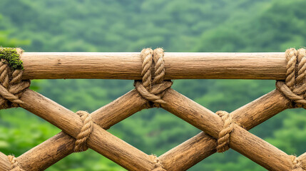 Obraz premium A rustic wooden fence with rope knots creates a diamond pattern with a blurred green background.