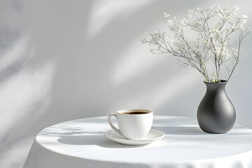 A white tablecloth with one coffee cup and a vase of flowers on it, against a plain gray background