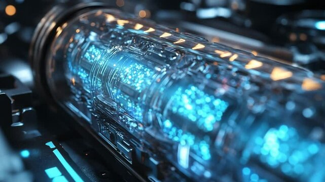 Close-up of MG battery cell featuring dendrite-free anode and vivid blue electrolyte in a transparent tube. Designed for cutting-edge power systems, futuristic energy storage, electric technologies