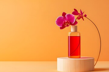 A bottle of red liquid on a wooden stand, with an orchid flower next to it and a swirling light orange background