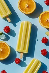Popsicle photo of orange, lemon, and lime ice pops on a blue background with red berries