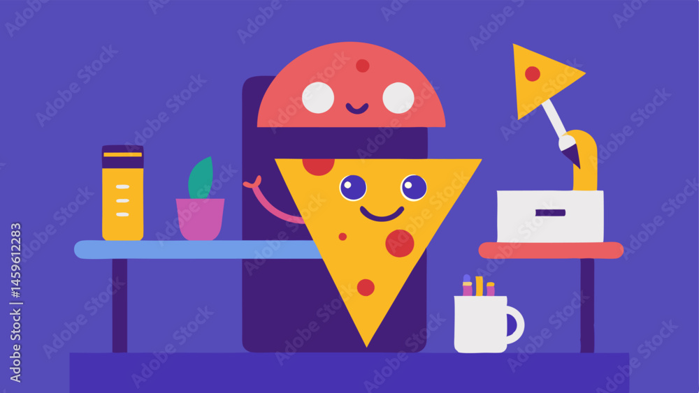 Aufkleber playful workspace an imaginative setting shows a whimsical desk where a slice of pizza is the centra