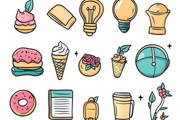 Icons, hand-drawn doodles in pastel colors on a transparent background, with a teacher theme. The icons feature an ice cream cone, a doughnut, a coffee cup with a ringing bell