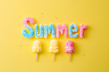 The word "Summer" is written in colorful ice cream letters on a yellow background, with pastel colors and a minimal concept