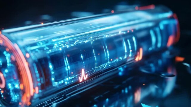 Futuristic MG battery cell featuring dendrite-free anode and vibrant blue electrolyte inside a transparent tube, with animated energy pulses. Built for advanced energy storage high-tech power systems