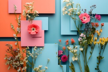 Vibrant blue, pink, and orange square paper pieces arranged on the left side of an isolated flat lay composition, with colorful cut flowers placed in between them