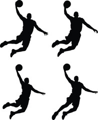 Set of Basketball Player Silhouette Jumping for Slam Dunk – Full Body Vector on White Background