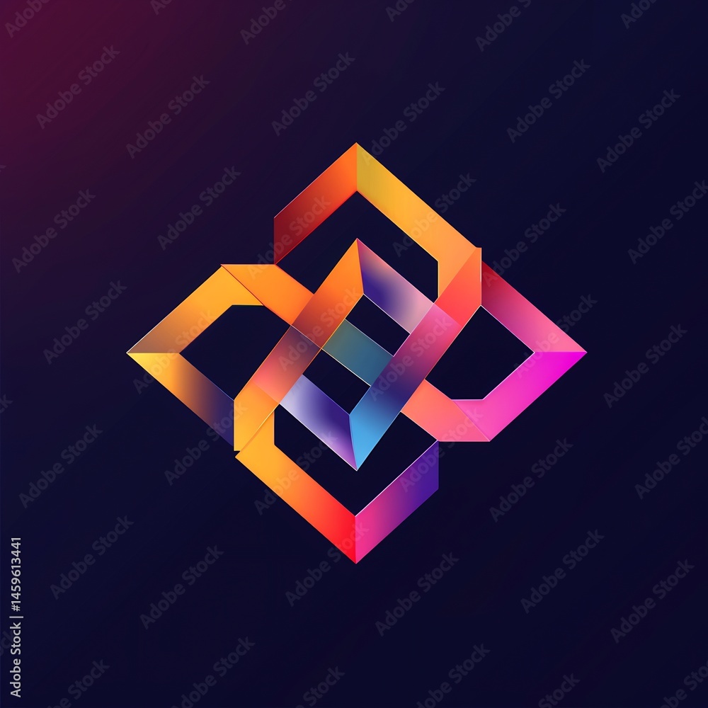 Poster captivating interlocking geometric shape with vibrant gradients on dark backdrop