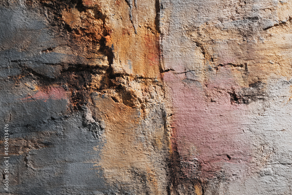 Poster abstract textured background with gray, beige, and pink hues, showing a rough, uneven surface, ideal