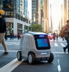 Delivery robot crossing the street in a city with pedestrians and buildings.